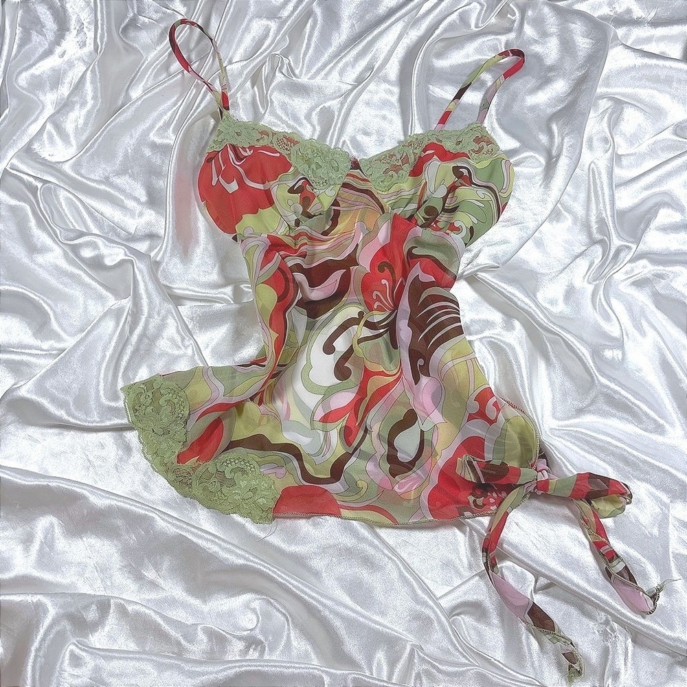 y2k Cami Top Red Green Excellent Sheer Mesh Lace Trim Psychedelic Twenty One